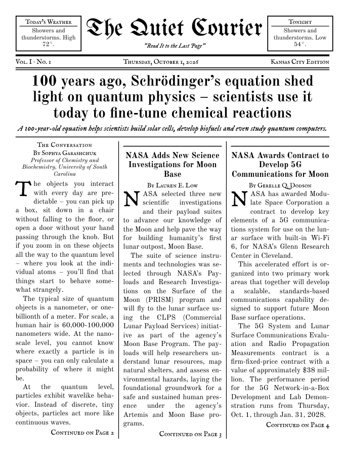 The front page of a sample edition. The lead story is about Schrödinger's equation at 100, with two NASA stories beside it and the weather in the masthead.