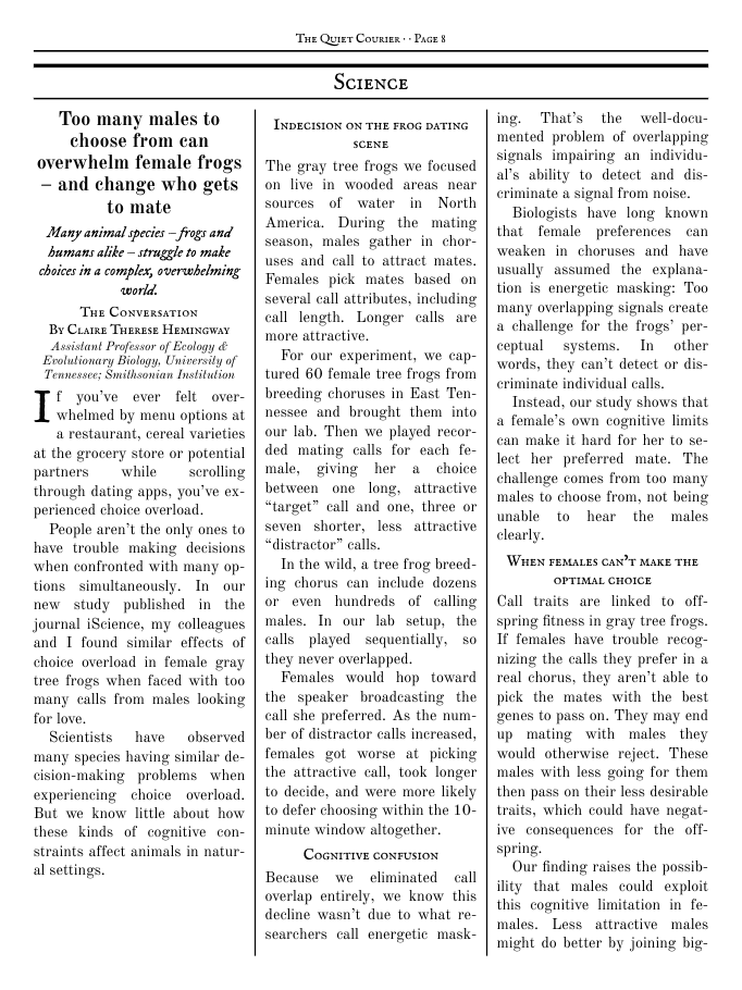 A science page carrying a study of how female tree frogs choose between calling males, by researchers at the University of Tennessee.
